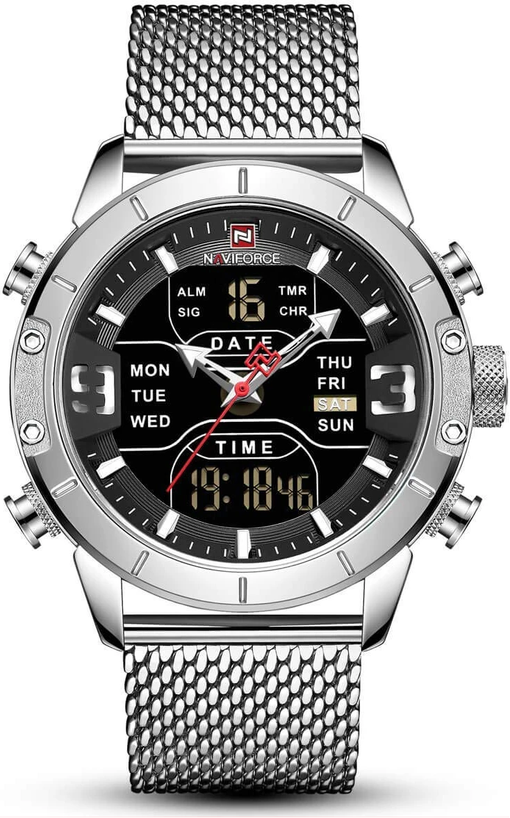 NAVIFORCE Men's Watch Waterproof Multifunction LED Digital Quartz Wrist Watches Stainless Steel Mesh Strap