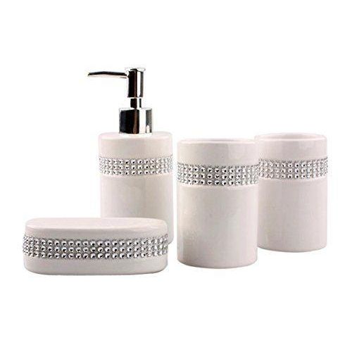 4 Piece Luxury Crystal-Trimmed Ceramic Bathroom Accessory Set with Stunning Sequin Accents Includes Soap Dish, Tumbler, Toothbrush Holder, and Lotion Dispenser