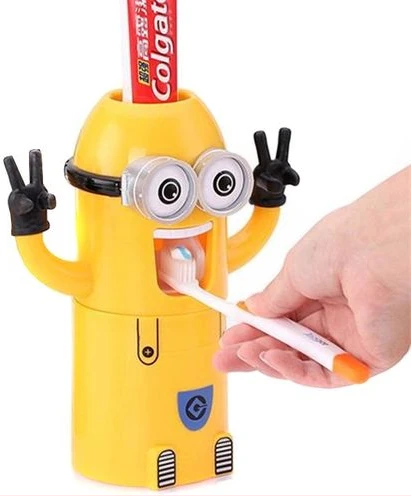 Automatic Minions Wash Kit One Toothpaste And Two Toothbrush Holder With Rinse Cup- Yellow
