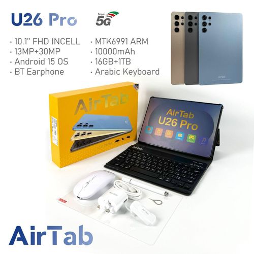 AirTab U26 PRO Smart Tablet Android 15 OS 10.1 FHD Display Incell 16GB RAM + 1TB ROM 13MP + 30MP Camera 3000X1440 ResolutionI MMERSIVE Screen 10000mAh Big Battery 5g Tablet With Keyboard And Mouse BT 