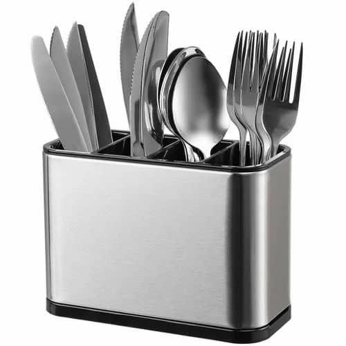 Kitchen Utensil Holder, Rustproof Stainless Steel Flatware Cutlery Strainer Organizer for Countertop, 4 Divided Utensil Caddy Counter for Chopstick Spoons, Forks, Spatulas, Knivies Stand Plastic Drain