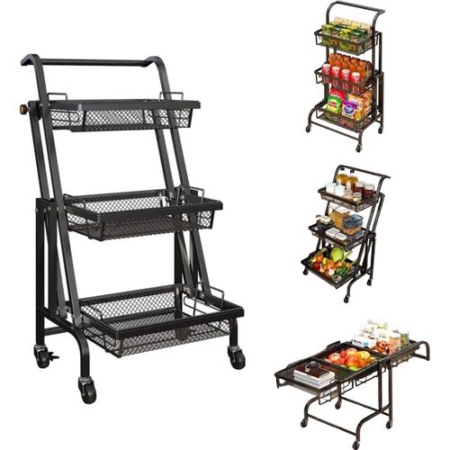 3-Tier 90° to 180° Adjustable Rolling Cart, Metal Utility Cart with Lockable Wheels, Easily Moveable Closet Organizer, Storage Rack for Living Room, Kitchen, Bathroom, Bedroom, Balcony