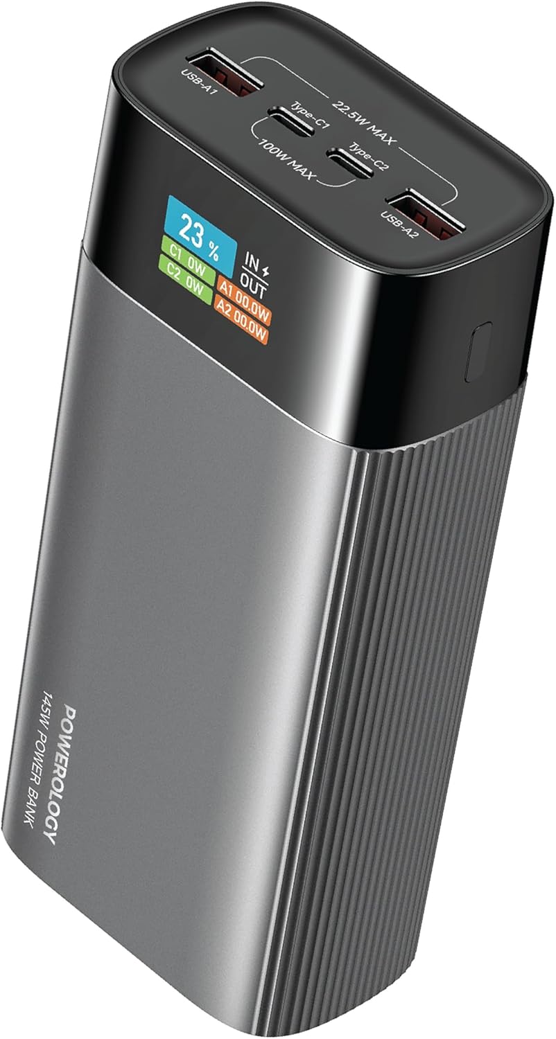 Powerology VoltEdge Power Bank 40.000mAh, PD 100W Fast Charging Portable Charger, Laptop Charger, 145W Battery Pack with USB-C & USB-A Ports & Smart Screen, for Laptop, Phone, Tablet, Charge 4 Devices