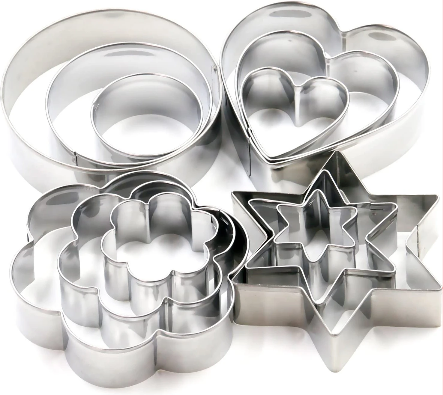12 Stainless Steel Christmas Cookie Cutters - Stars, Circle, Heart, and Flower Shaped Cookies Cutter Set - Perfect Tools for Christmas Party Pastry and Baking Gift