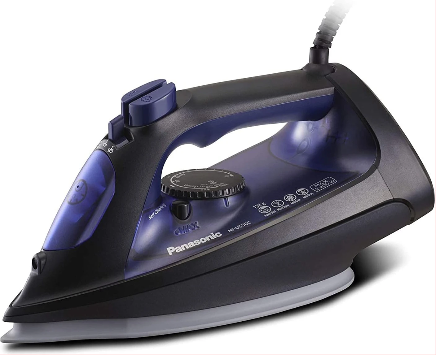 Panasonic Steam Iron, 2400W, Ni-U550, Big Ceramic Soleplate, Anti Calc Self Cleaning + Spray+ Vertical 130g Power Shot Steam - Blue