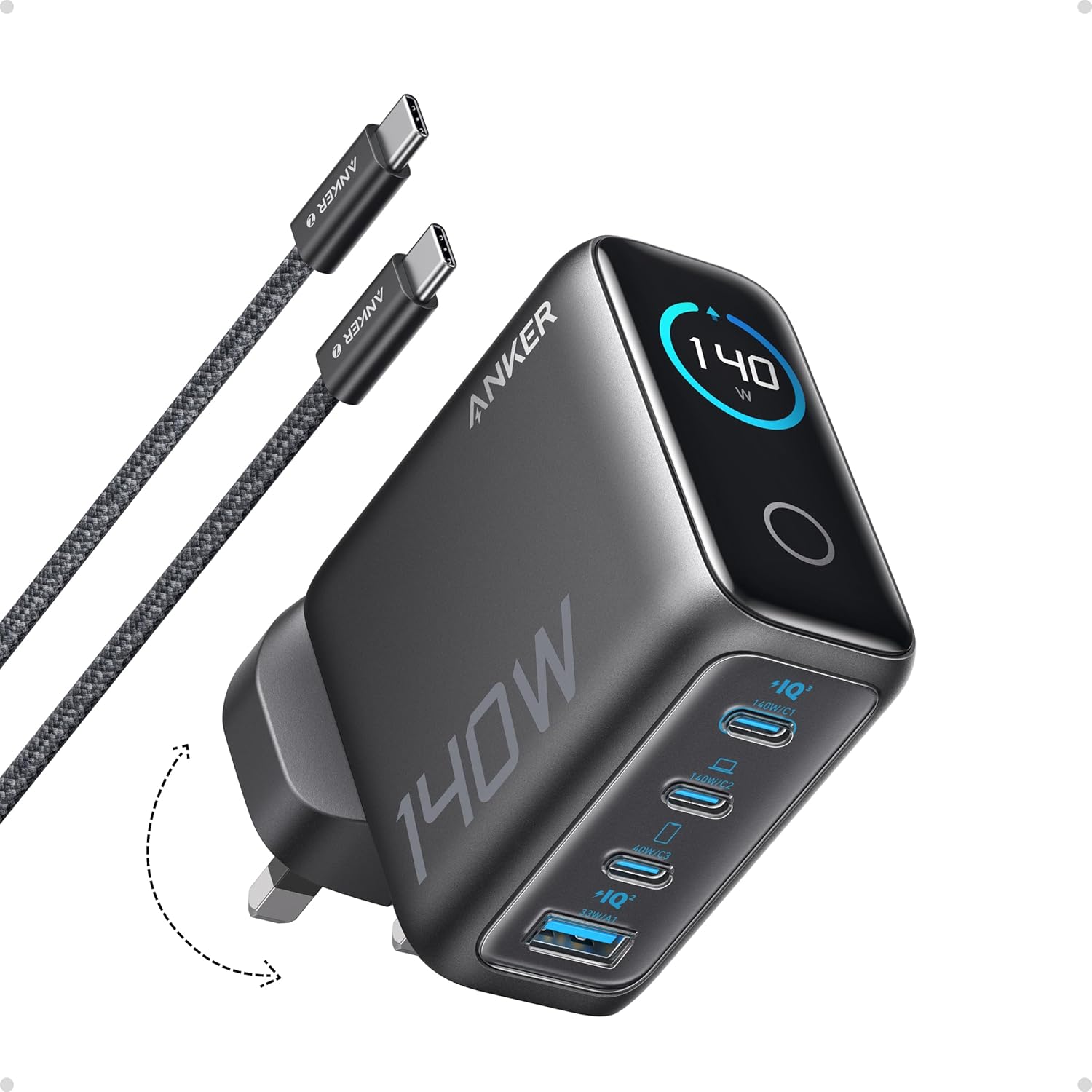 Anker 140W USB C Charger, Laptop Charger, 4-Port Multi-Device Fast Charging, Advanced GaN Power Adapter, Intuitive Touch Controls, Compatible with MacBook, iPhone 16 Series, Samsung, Pixel, and More