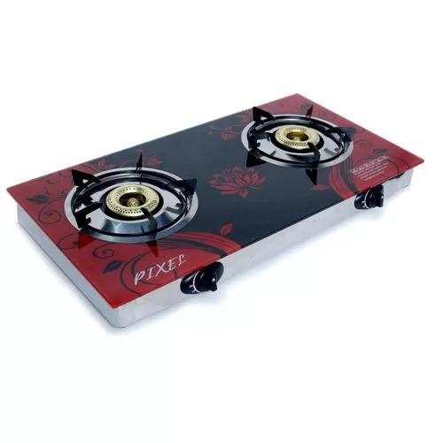 Pixel 2 Burner Tempered Glass Gas Stove With Automatic Ignition -Black