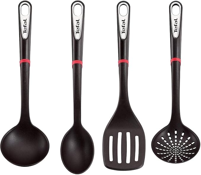 TEFAL Ingenio 5Pc Set of  Spatula, Spoon, Ladle and Spoon, Colander Silver Black Kitchen Utensils, K206S414