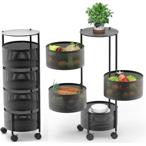 Round 4-Tier Rotating Storage Shelf Cart With Wheels, Metal Fruit & Vegetable Basket, Multi Layer Kitchen Organizer Rack, Mobile Trolley Rack For Fruits & Vegetables For Kitchen Bathroom Bedroom Stora