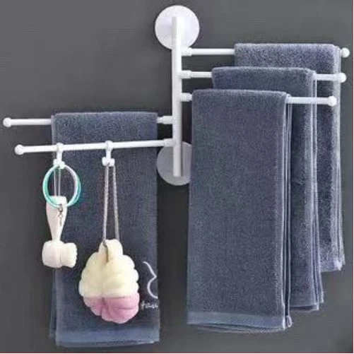Wall Mount Bath Towel Holder Swing Out Rack 5-Bar Folding Hanger Stand, White