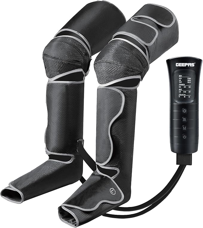 Geepas 3-in-1 Foot, Calf and Thigh Massager- GM86096UK/ 6 Modes, with Adjustable Straps, 20 Minutes Timer, 2x2 Airbags, 3 Vibration Levels and Intensity Selection/Ideal for Athletes, Seniors.