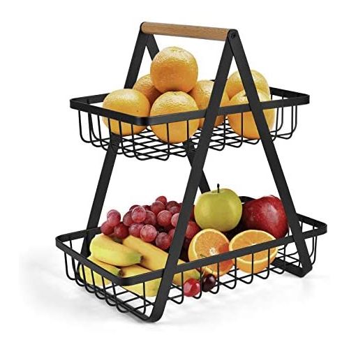 2-Tier Countertop Fruit Basket Bowl Bread Basket Vegetable Holder Kitchen Storage, Black