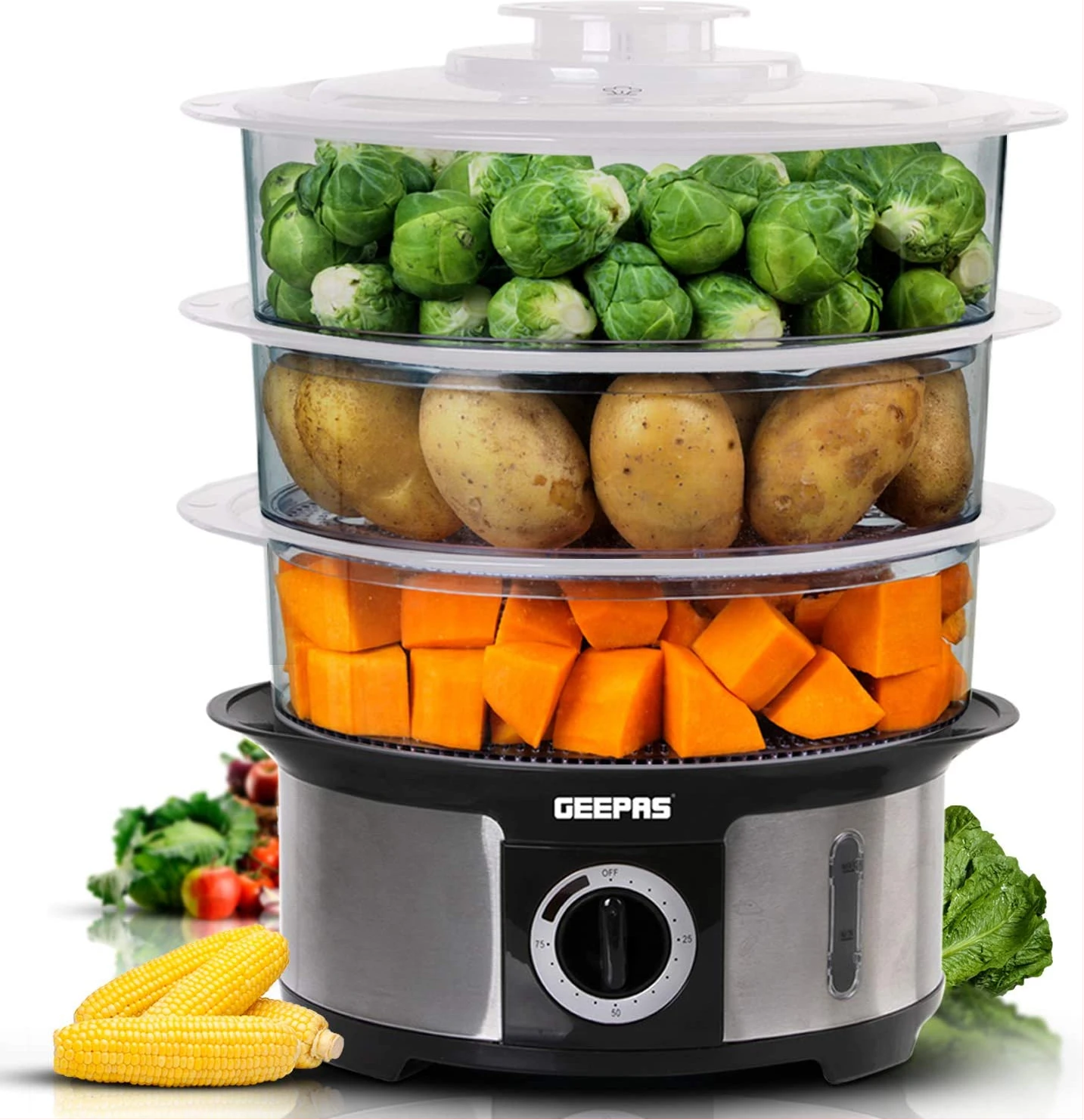 Geepas 3-Tier Food Steamer, 12L Capacity