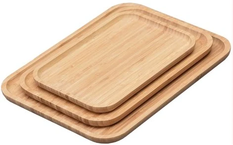 3 Piece Bamboo Wood Tea Food Serving Trays Plates - Brown