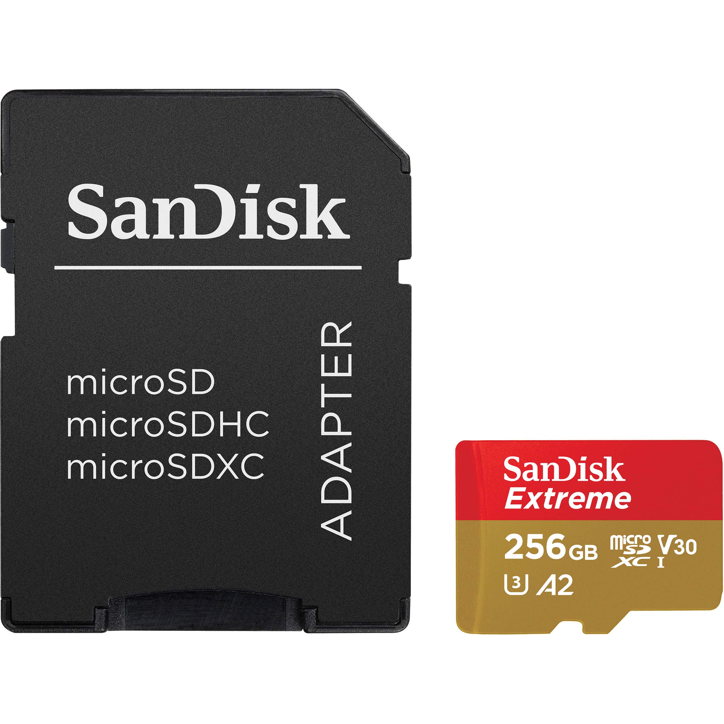 SanDisk 256B Extreme microSDXC UHS-I Memory Card with Adapter - Up to 190MB/s, C10, U3, V30, 4K, 5K, A2, Micro SD Card- SDSQXAV-1T00-GN6MA, Gold/Red