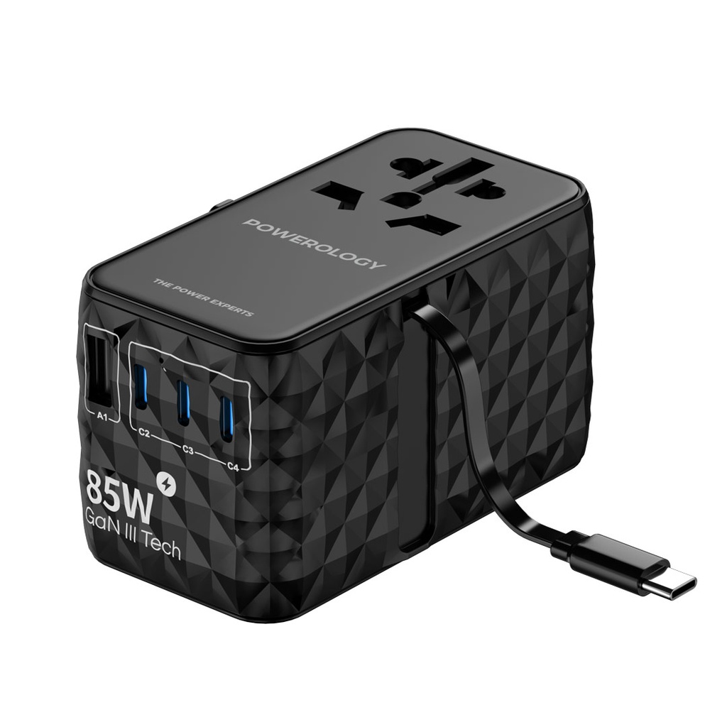 Powerology Universal GaN Adapter 85W Super Charger with 3x Type C port and 1x USB A port with Retractable type-C cable - Black