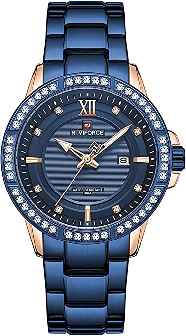 NAVIFORCE Diamond Stainless Steel Analog Quartz Watches for Men Waterproof Watch Calendar Classic Wristwatch Luminous - Gold Blue