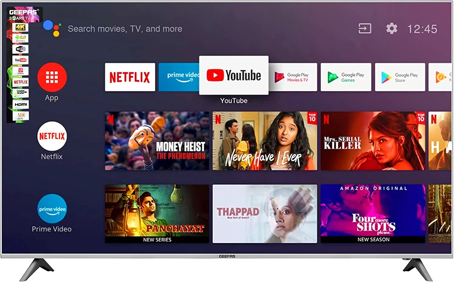 Geepas 65" Smart UHD 4K LED TV - Mirror Cast, 3.5mm, 3 HDMI & 2 USB Ports