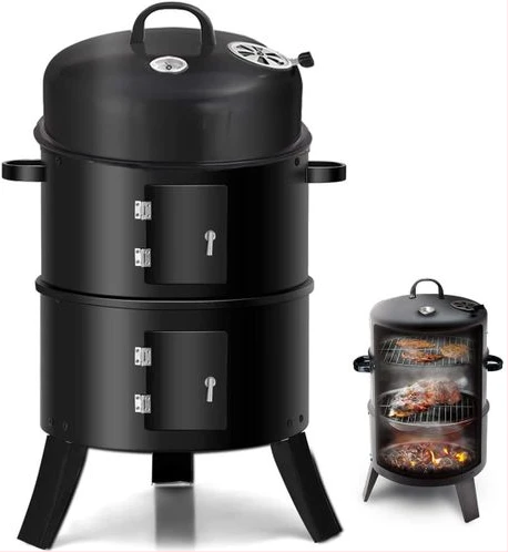3-In-1 Charcoal Grill BBQ Smoker Barbecue Stove Oven With Thermometer,3 Grates And 2 Doors- Black