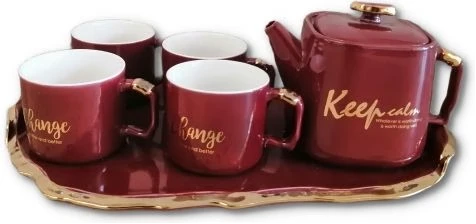 4 Pc Tea Coffee Mugs Cups, Teapot And Tray Set-Maroon