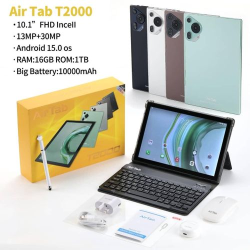 Air Tab T2000 Tablet PC - 10.1 Inch FHD Incell Screen 13MP+30MP Camera Android 15.0 OS 16GB RAM 1TB ROM Big Battery Of 10000mAh 5G Wi-Fi Android Tablet with Wireless Keyboard And Mouse