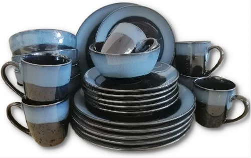 24pcs Of Blue Rim Plates, Bowls, Cups Dinner Set - Black
