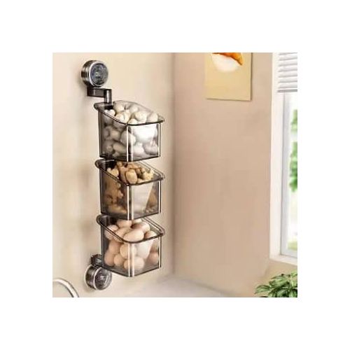Suction Cup Rotating Organiser Shelf 3 Tier Kitchen Storage Basket Wall Mounted Hanging Bins Goods Kitchen Onion, Ginger And Garlic Storage Basket Spice Suction Rack