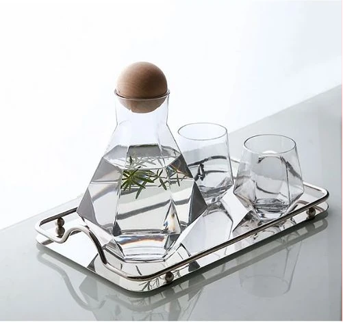 4 Water Glasses,1Jug With Wooden Stopper And A Tray, Colourless