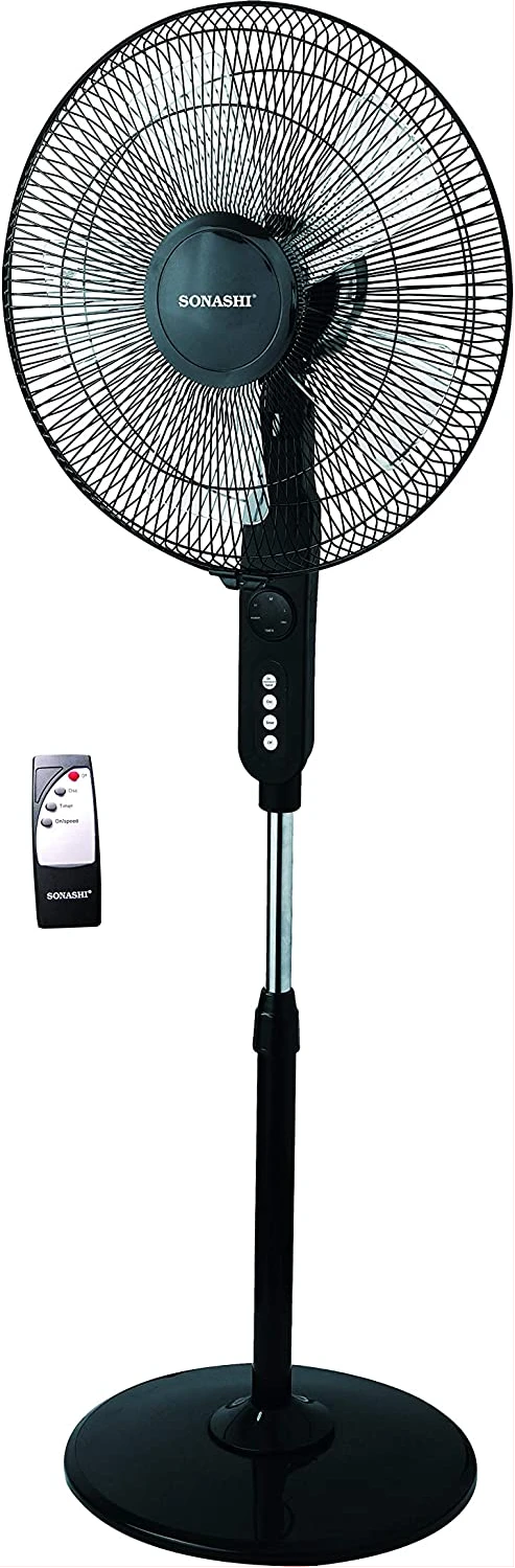 SONASHI SF-8027SR Stand Fan – [Black] 16 in. Floor Fan with Remote Control, 3 Speed Switch, Auto Wind Flow Function, 5 Transparent Blade Leaf