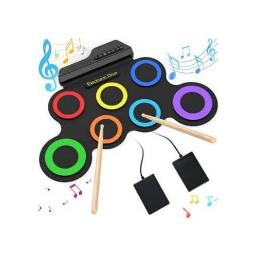 Rainbow Colorful Rollable Toy Kid Education Electric Drum Percussion Mat Set Portable Rechargeable 7 Keys Practice Drum Pad Kit 7 Pads With Headphone Jack Pedals Drumsticks Holiday Birthday Musical In