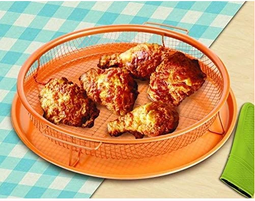 2-Pc Round Nonstick Oven Air Fryer Crisp Baking Pan/Tray & Mesh Basket, Copper
