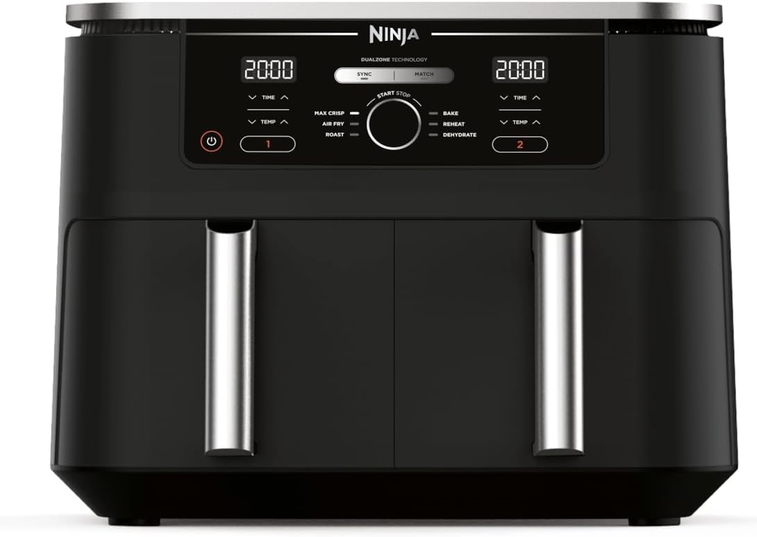 Ninja Foodi MAX 9.5L Dual Zone Digital Air Fryer, 2 Drawers, 6-In-1, Uses No Oil, Air Fry, Max Crisp, Roast, Bake, Reheat, Dehydrate, Cook 8 Portions, Non-Stick Dishwasher Safe Baskets, B 9.5 L 2470 W
