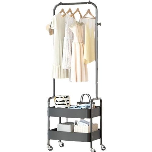 Modern Garment Rack Clothing Stand with 2 Tier Metal Basket and Universal Wheel Square Suit Dress Garment Rack Dress Display Stand Floor Hanger Storage Rack for Home Wedding Clothing Store- Black