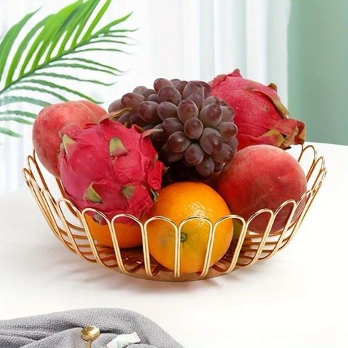 Vintage Design Metal Brass Antique Fruit Basket With Wooden Base For Decoration Uses Bowl Modern Dessert Display Stand Dish Holder, Snacks Fruit Bowl Plate Farmhouse Kitchen Breads Snacks Home Ornamen