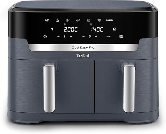 Tefal XXL Dual Easy Fry 11L Air Fryer, Dual Drawer, No Oil, Extra Crisp, Roast, Bake, Reheat, Dehydrate, 7 Pre-set Programs, Dishwasher Safe, 8+ Portions, Java-Grey, EY9428G0