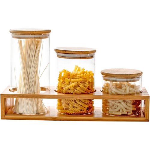 3 Pieces Of Glass Sealed Jar with Bamboo Wood Storage Bracket And Lid High Borosilicate Glass Food Cans for Wet or Dry Food, Baking Products, Cookies, Cereals, Tea Leaves, Coffee, Cereals, Seeds Seale
