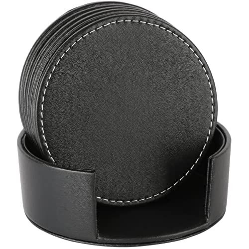 7 Piece Leather Drink Coasters Round Cup Mat Pad for Home And Kitchen - Black