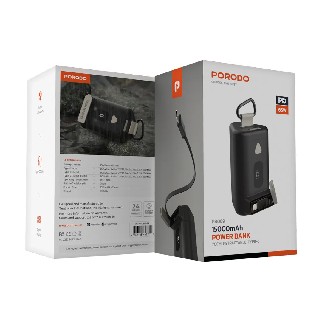 Porodo 15000mAh Power Bank PD 65W Fast Charging with a 70cm Retractable Type-C Cable & Built-In Safeguards / Digital Display Fast Charger Powerbank 15000 mAh- Black