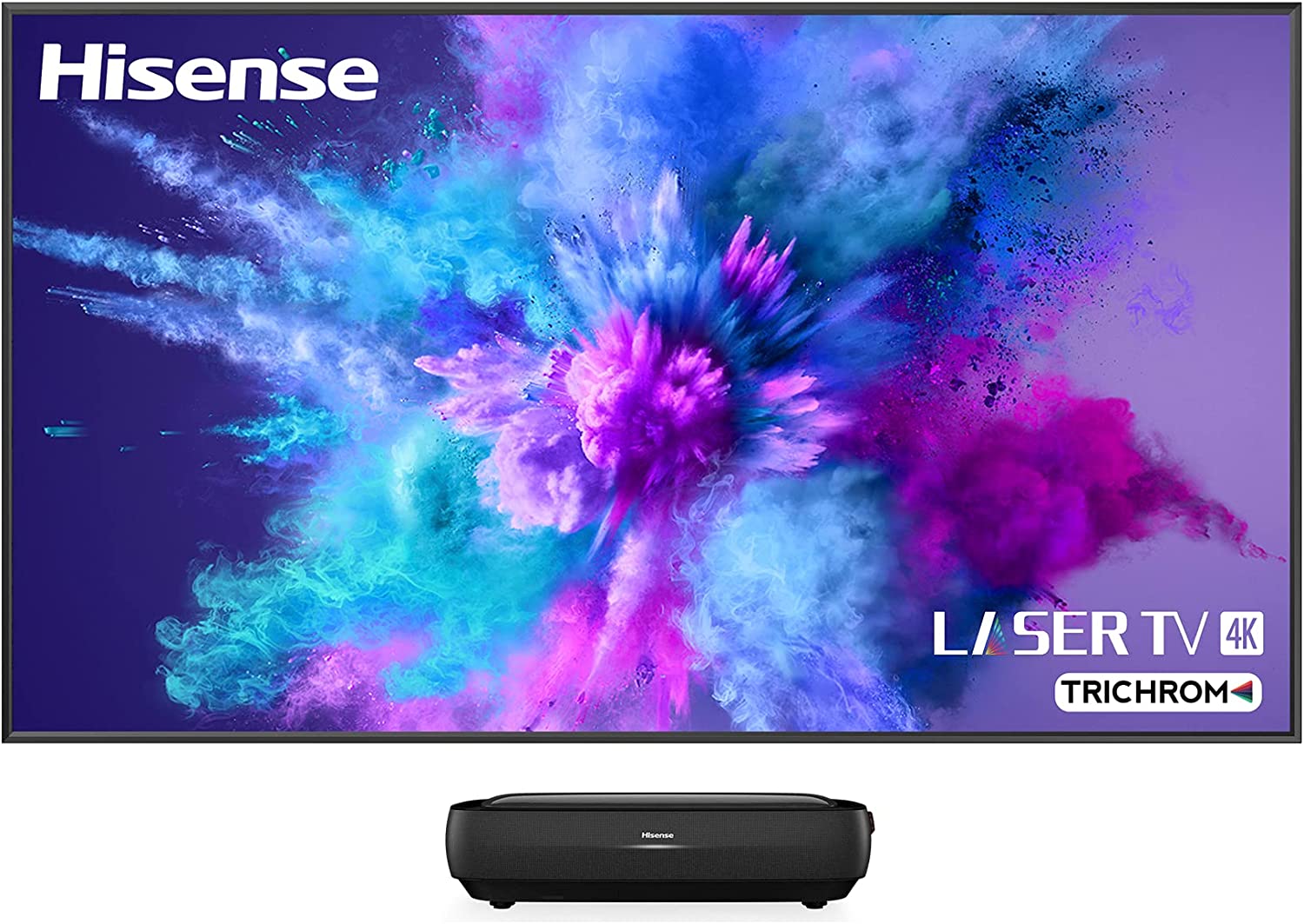 Hisense 100-Inch  4K UHD Laser TV 100L9HE, Triple-Laser UST Ultra Short Throw Projector with 100″ ALR Screen, 3000 Lumens, Android TV, HDR10, 40W Dolby Atmos, Built-in Alexa, and Google Assistant