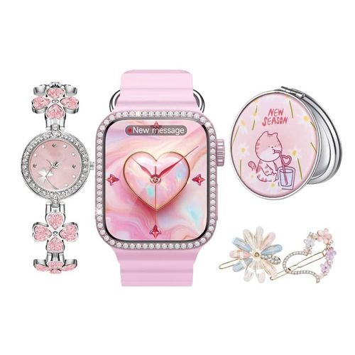 Telzeal TC11 Mini Smart Watch With 3 Pair Strap Analog Watch Makeup Mirror Hair Clip and Wireless Charger Combo For LadiesCompatible with Android and iOS Devices