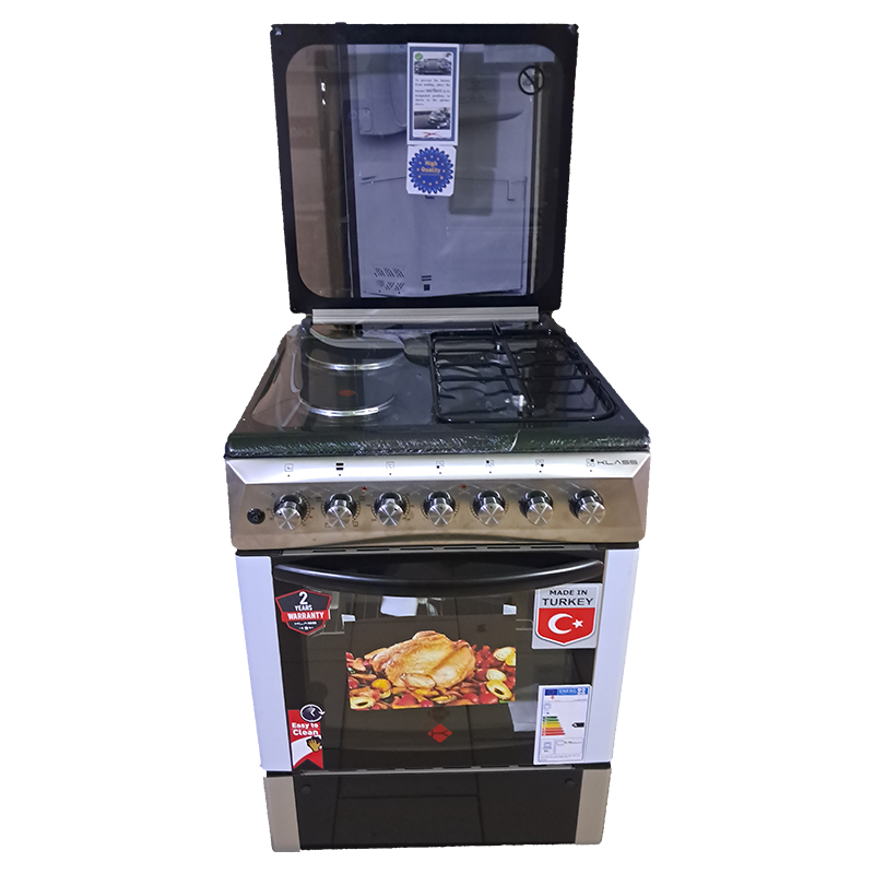 KLASS Cooker 60x60cm, 2 Gas Burners + 2 Hot Plates, Electric Oven & Grill, Rotisserie, Oven Lamp & Timer, 4TTE-6622TI/SD - Inox
