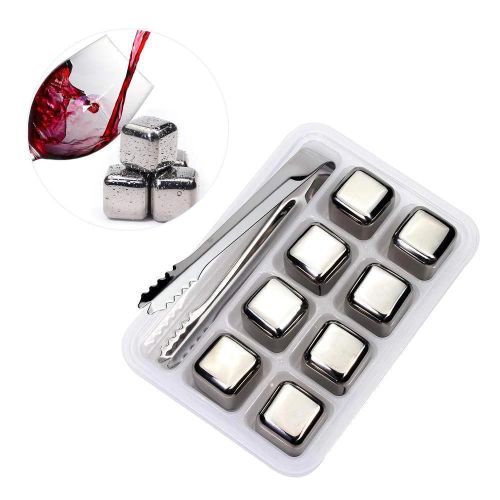 Stainless Steel Ice Cubes Chilling Cube Whiskey Stones Durable Reusable Chilling Stones for Whiskey Wine, Whiskey Stones for Kitchen Bar(Pack of 8) With A Tong- Silver