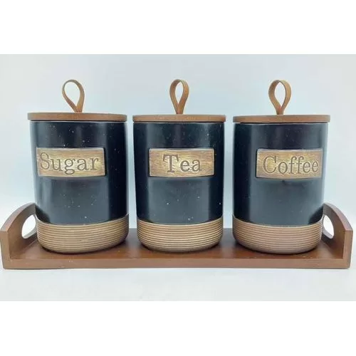 3 Piece Ceramic Canister Set For Spice Tea Coffee Sugar Storage Jars Containers With Airtight Lid And Wooden Bamboo Tray Stand- Multicolor