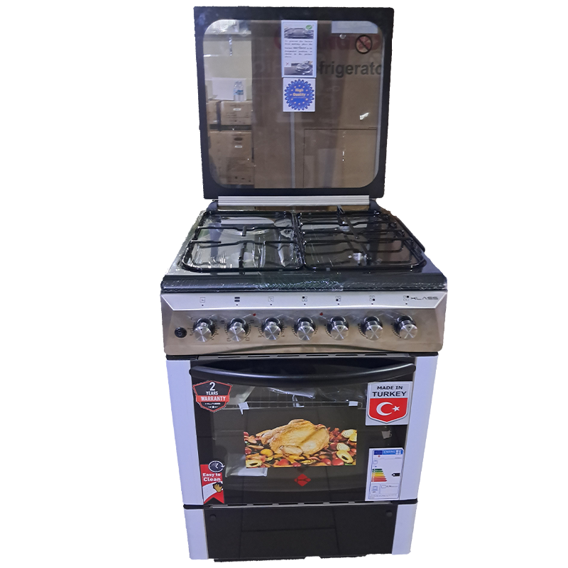 KLASS Cooker 60x60cm, 3 Gas Burners + 1 Hot Plate, Electric Oven & Grill, Rotisserie, Oven Lamp & Timer, Glass Top, 4TTE-6631TI - Inox