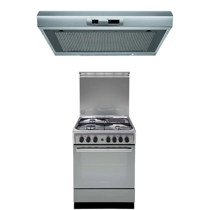Ariston Cooker A6MSH2F(X) 60cm; 3 Gas, 1 Electric Hot Plate, Electric Oven, Timer, Electric Grill, Rotiserrie And Ariston 60cm Cooker Hood