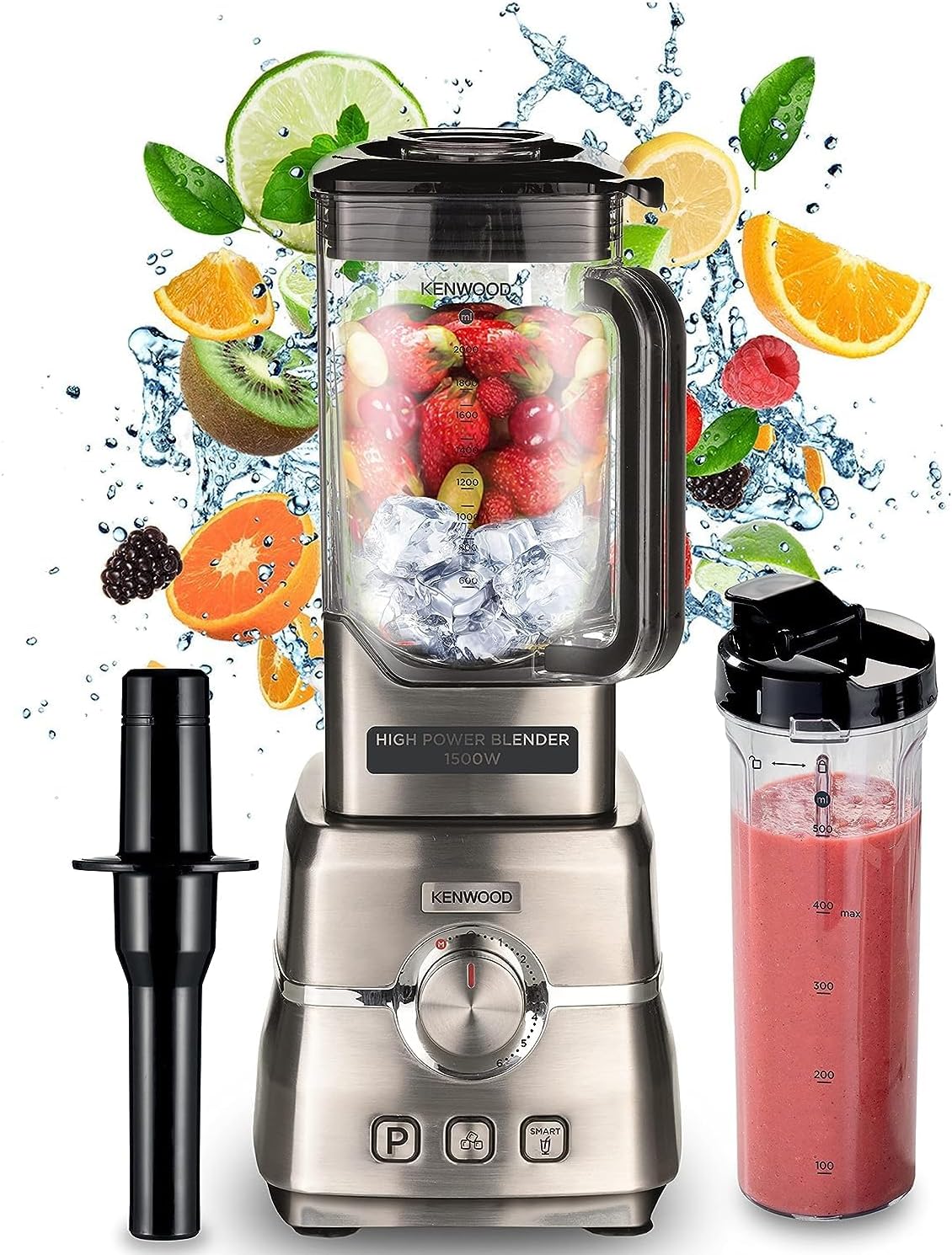 Kenwood Premium Power Blender 1500W Smoothie Blender With 2L Tritan Jar, 500ML Smoothie2Go Bottle & Lid, Blender Tamper/Food Presser, 6 Speed + 3 Preset Programs, Ice Crush Function BLM91.640S - Silve