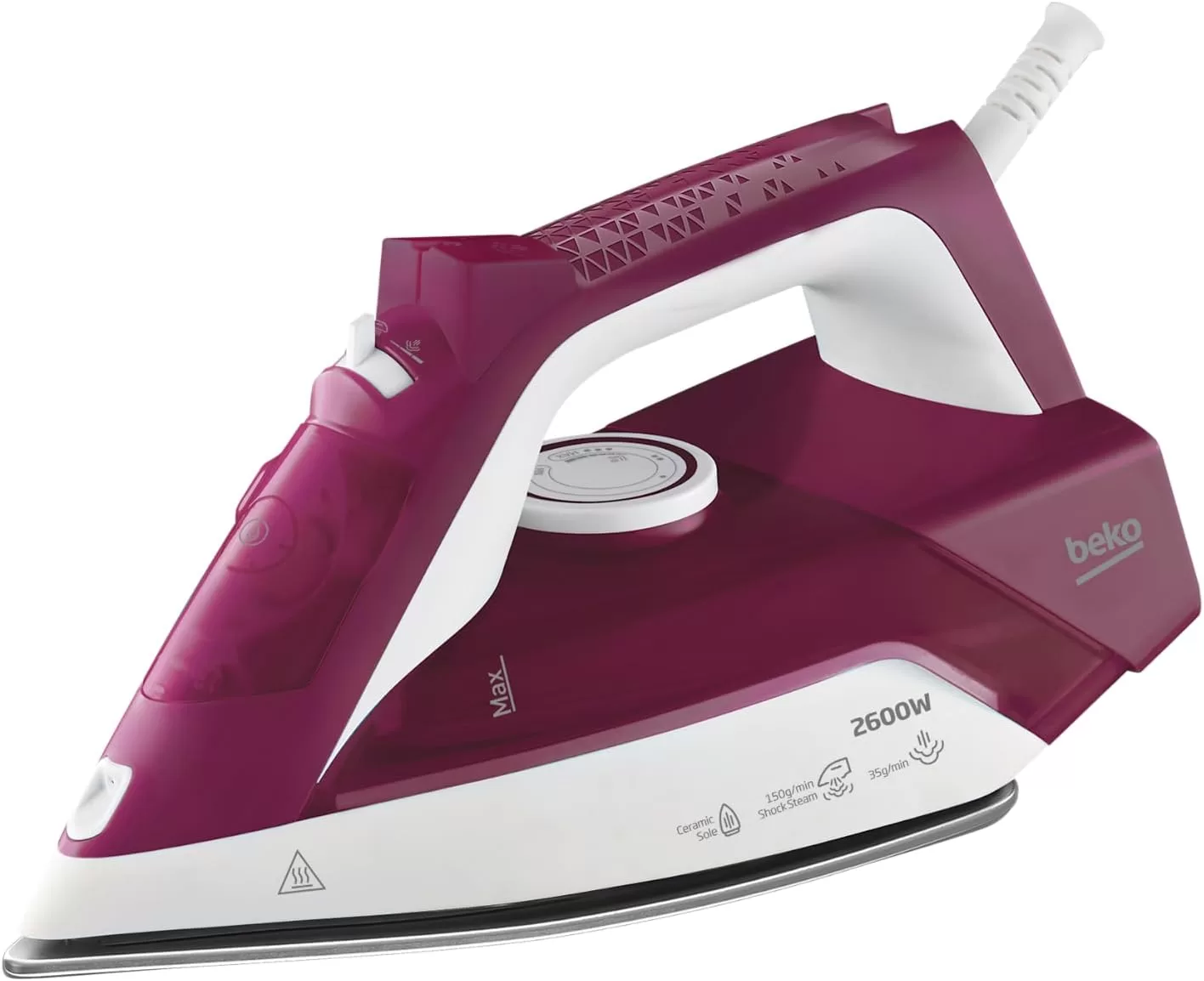 BEKO Steam Iron, SIM 3126 R, 2600 W, Continuous Steam Boost 40 g/min, Ceramic Soleplate, Anti-Lime, Automatic Shut-Off, 240 ml, Garnet Red