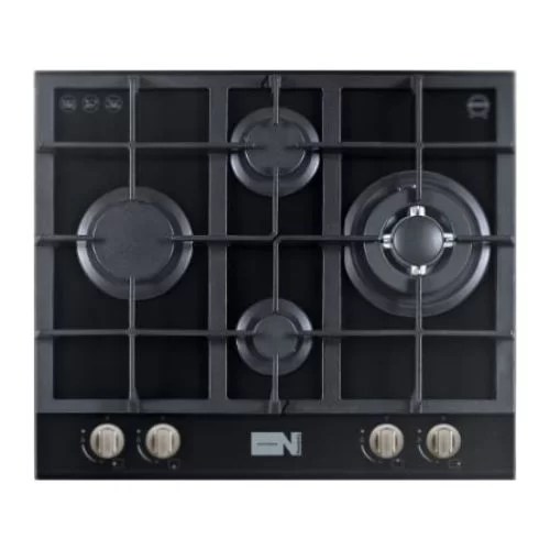 Newmatic 60cm Built-in Gas Hob PM640STGB, Tempered Glass, Auto Ignition, Flame Failure Device, Cast Iron Pan Supports, Zinc Alloy Knobs - Black