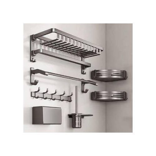 Set Of 7 Three Fold Towel Rack Space Aluminum Bar Rail Paper Holder 9 Holders For Shower Room Organizer Bath Hanger Corner Shelf Toilet Brush Bathroom Shampoo Storage Accessories Shower Caddy Brush Sp