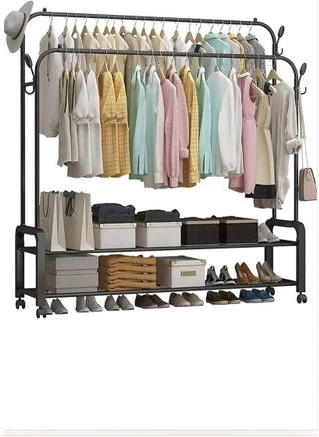 Carbon Steel Double Pole Coat Rack Indoor Bedroom Clothes drying Rail Balcony Hanging Clothes Shoes Rack Standing Storage Organizer With Hooks- Multicolor